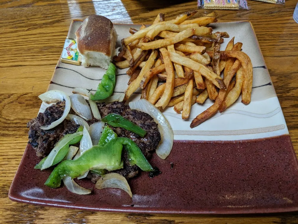 Hamburger Steak with Peppers and French Fries